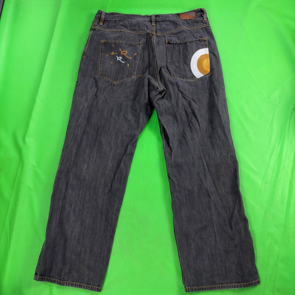 VTG Y2K Rocawear Baggy Jeans Mens 42 Black Embroidered Hip Hop Wide Leg Denim